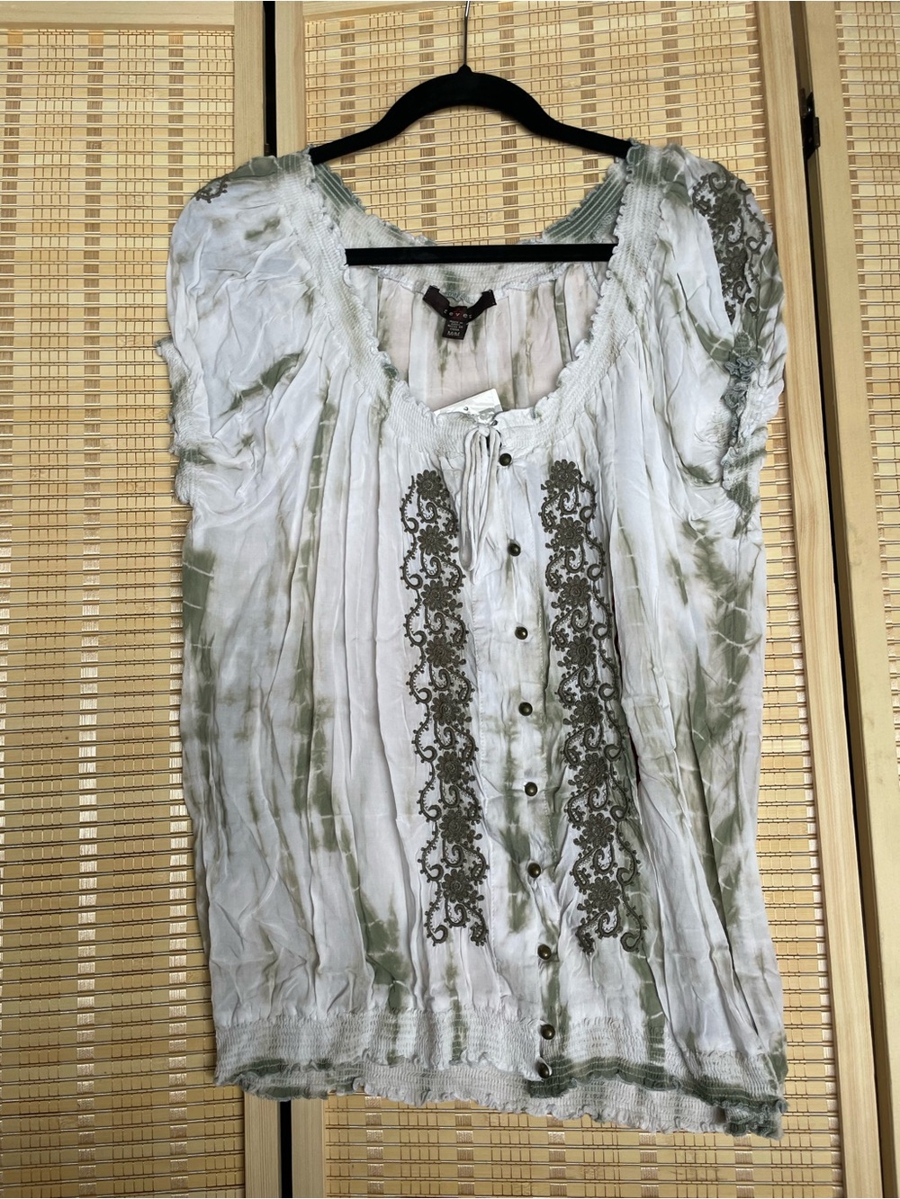 Boho Embroidered Tie-Dye Blouse in Olive Green
